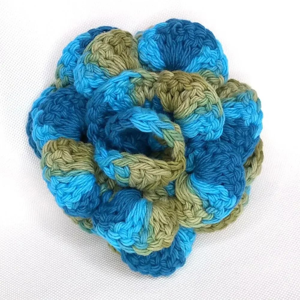 Layered Crochet Flower Brooch Handmade 3D Petals Vibrant Pin Ocean Blue Olive